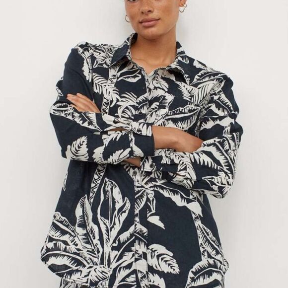 H&M Tropical Print Linen Blend Button Down Shirt - Picture 1 of 10